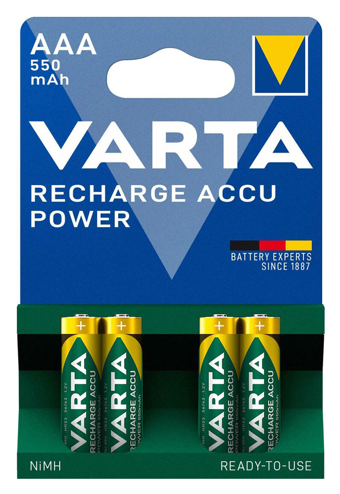 VARTA επαναφορτιζόμενες μπαταρίες λιθίου, AAA, 550mAh, 1.2V, 4τμχ - VARTA 114495