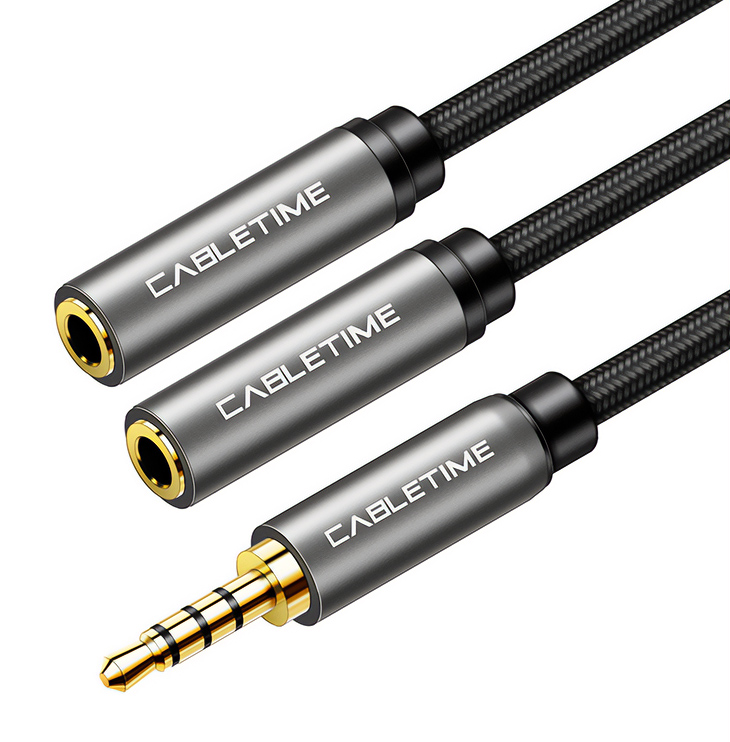 CABLETIME καλώδιο ήχου 3.5mm σε 2x 3.5mm CT-P12G4P, 4-pole, 20cm, μαύρο - CABLETIME 84928