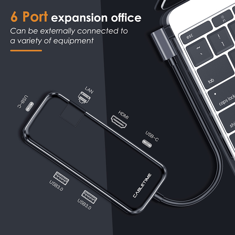 CABLETIME docking station CT-CMHD61G, 6 θυρών, USB-C σύνδεση, 4K, 60W, μαύρο - CABLETIME 113825