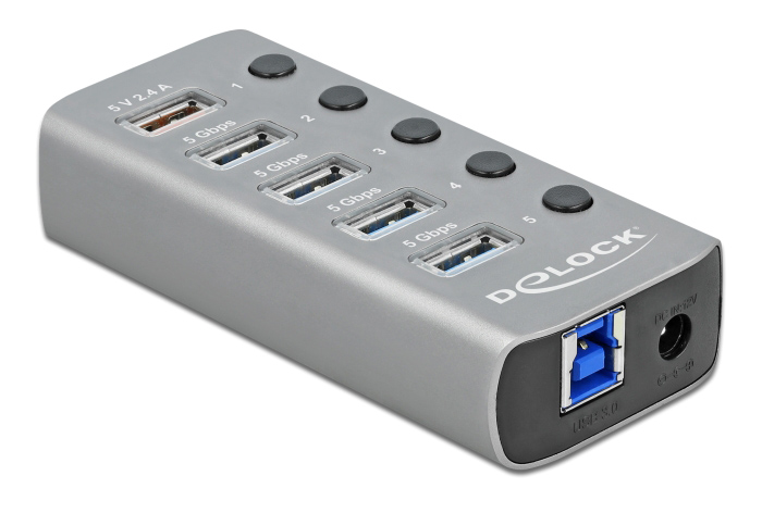 DELOCK USB hub 63262 με διακόπτες, 5x θυρών, 5Gbps, 2.4A, γκρι - DELOCK 87521