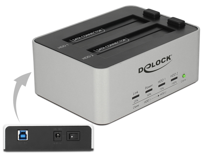 DELOCK docking station 63991, clone function, 2x 2.5/3.5" SSD/HDD, 5Gbps - DELOCK 110978