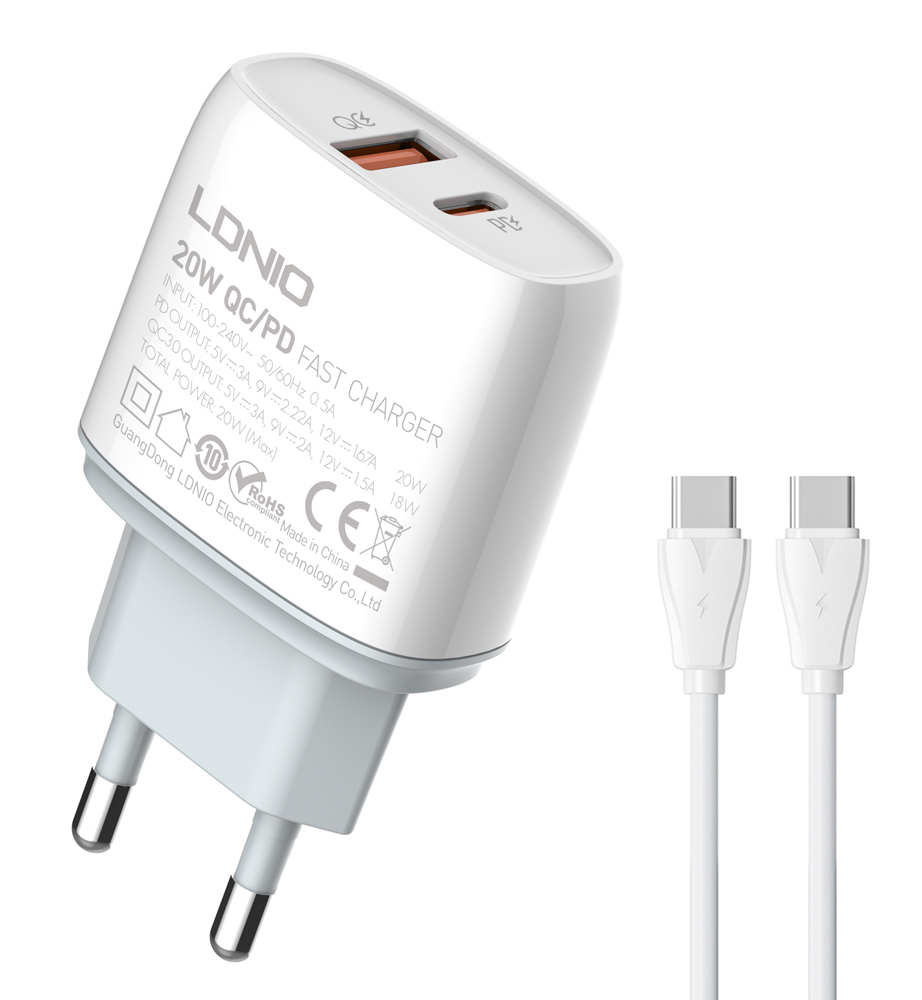 LDNIO φορτιστής τοίχου Q229 με καλώδιο, USB & USB-C, 20W PD, λευκός - LDNIO 110975