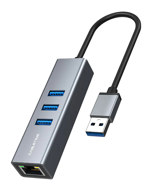 CABLETIME USB hub CT-AMLU3, RJ45 & 3x USB θύρες, 5Gbps, 1000Mbps, γκρι - CABLETIME 101283