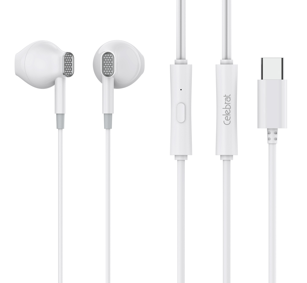 CELEBRAT earphones με μικρόφωνο D12, USB-C σύνδεση, Φ14.2mm, 1.2m, λευκά - CELEBRAT 109963