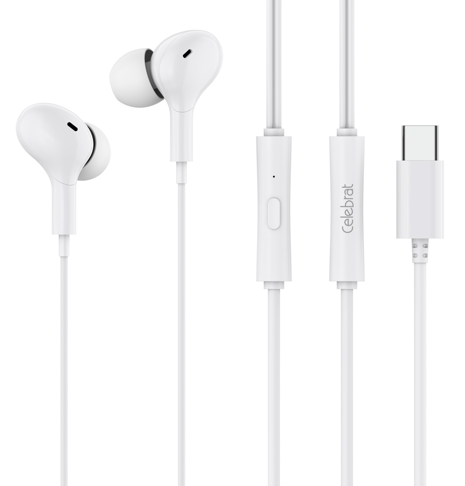 CELEBRAT earphones με μικρόφωνο D13, USB-C σύνδεση, Φ10mm, 1.2m, λευκά - CELEBRAT 109965