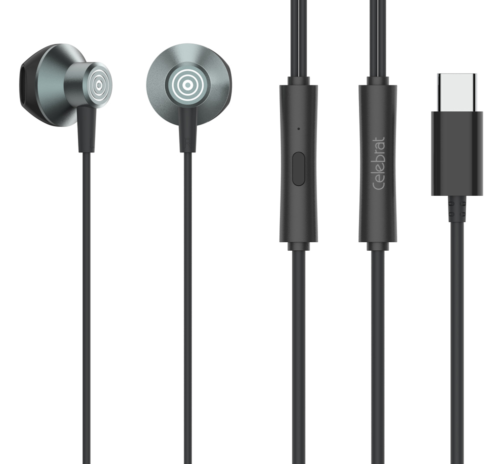 CELEBRAT earphones με μικρόφωνο D14, USB-C σύνδεση, Φ14mm, 1.2m, μαύρα - CELEBRAT 109966