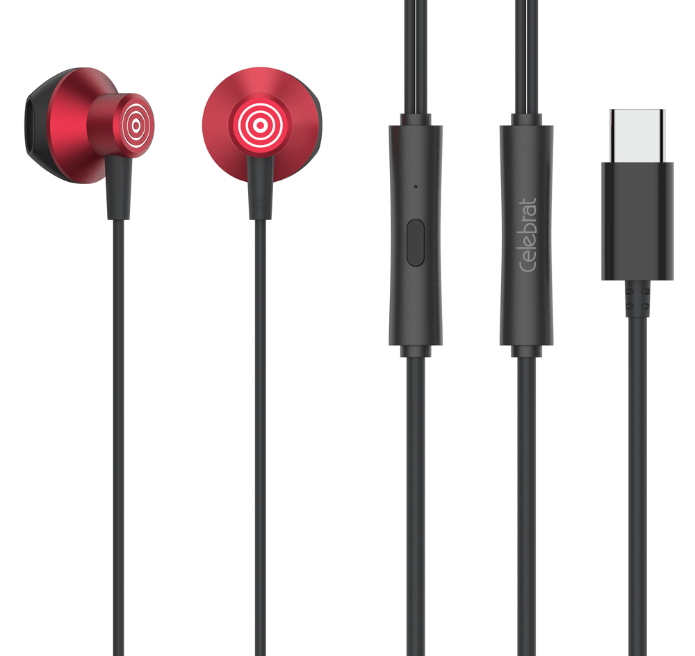 CELEBRAT earphones με μικρόφωνο D14, USB-C σύνδεση, Φ14mm, 1.2m, κόκκινα - CELEBRAT 109968
