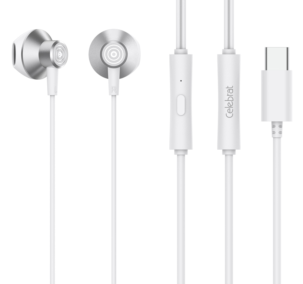 CELEBRAT earphones με μικρόφωνο D14, USB-C σύνδεση, Φ14mm, 1.2m, λευκά - CELEBRAT 109967