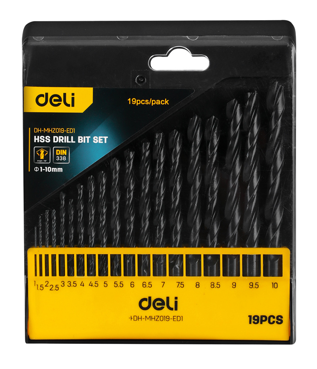 DELI σετ τρυπάνια DH-MHZ019-ED1 για σίδηρο HSS, 1-10mm, DIN 338, 19τμχ - DELI 106426