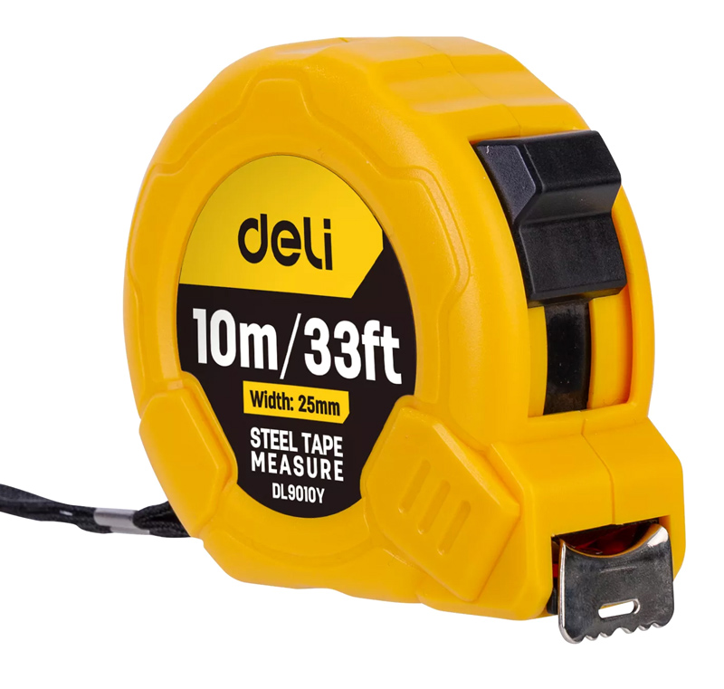 DELI μέτρο DL9010Y, με κλείδωμα & clip ζώνης, 10m/33ft x 25mm - DELI 100743