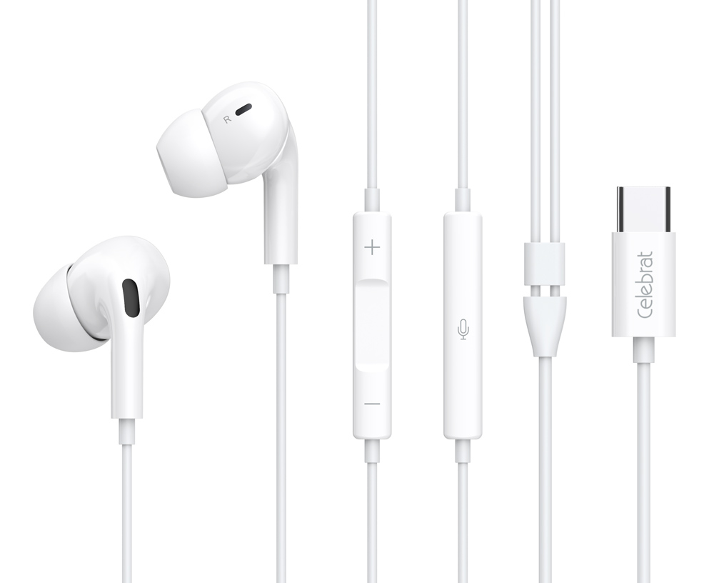 CELEBRAT earphones με μικρόφωνο E300, USB-C σύνδεση, Φ10mm, 1.2m, λευκά - CELEBRAT 112607