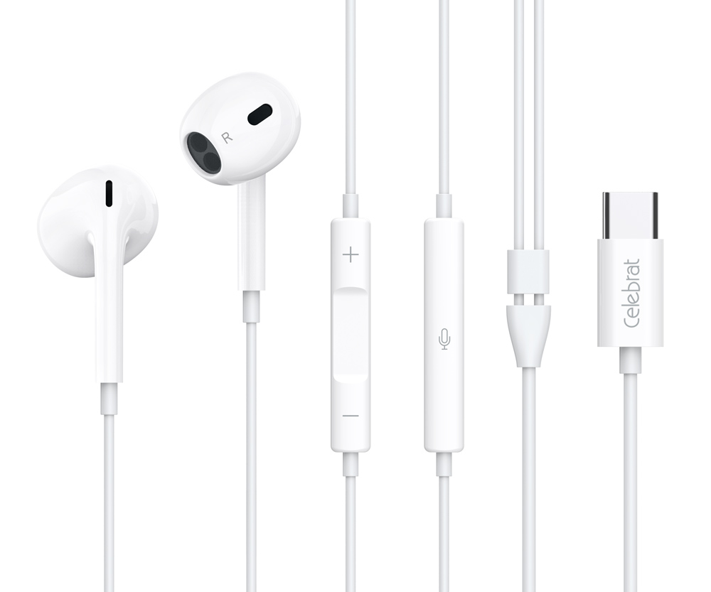 CELEBRAT earphones με μικρόφωνο E400, USB-C σύνδεση, Φ14mm, 1.2m, λευκά - CELEBRAT 112609