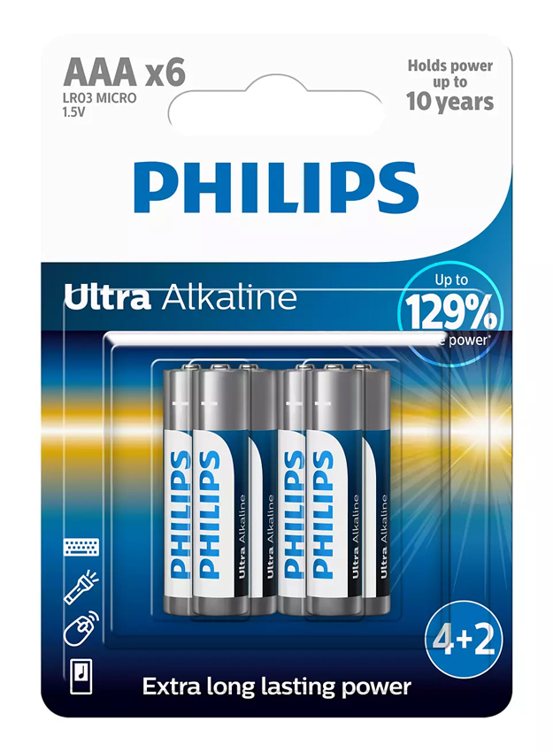 PHILIPS Ultra αλκαλικές μπαταρίες LR03E6BP/10, AAA LR03 1.5V, 6τμχ - PHILIPS 102823