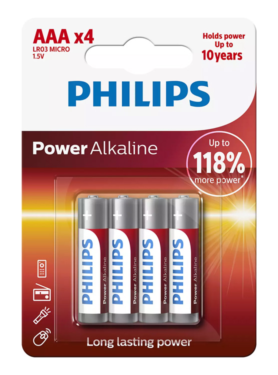 PHILIPS Power αλκαλικές μπαταρίες LR03P4B/5, AAA LR03 1.5V, 4τμχ - PHILIPS 20055