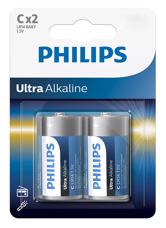 PHILIPS Ultra αλκαλικές μπαταρίες LR14E2B/10, LR14 1.5V, 2τμχ - PHILIPS 85601