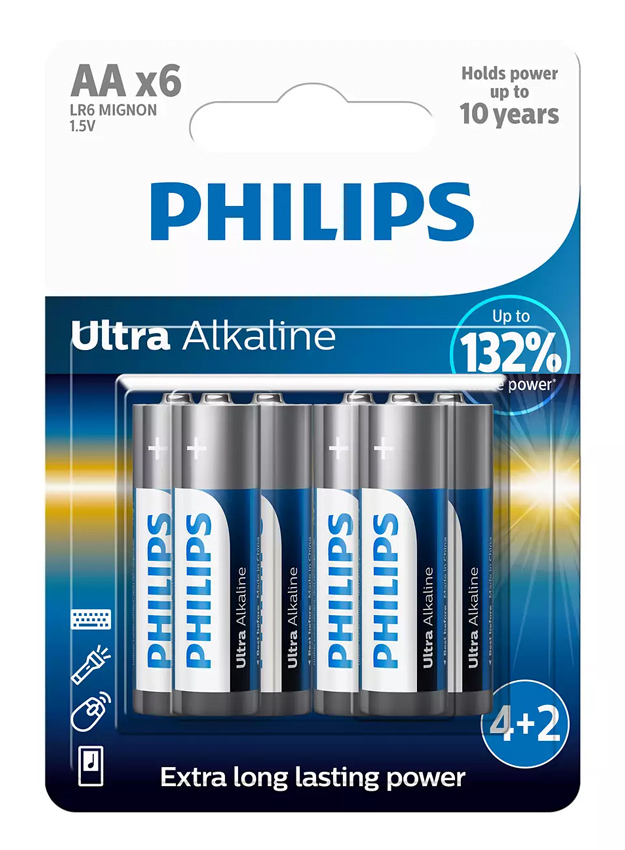 PHILIPS Ultra αλκαλικές μπαταρίες LR6E6BP/10, AA LR6 1.5V, 6τμχ - PHILIPS 102824