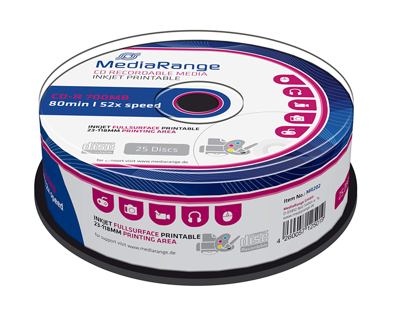 MEDIARANGE CD-R 52x 700MB, inkjet FF printable, cake box, 25τμχ - MEDIARANGE 50617