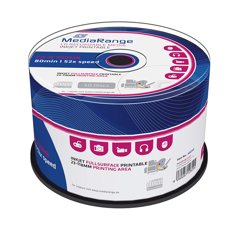 MEDIARANGE CD-R 52x 700MB, inkjet FF printable, cake box, 50τμχ - MEDIARANGE 50616
