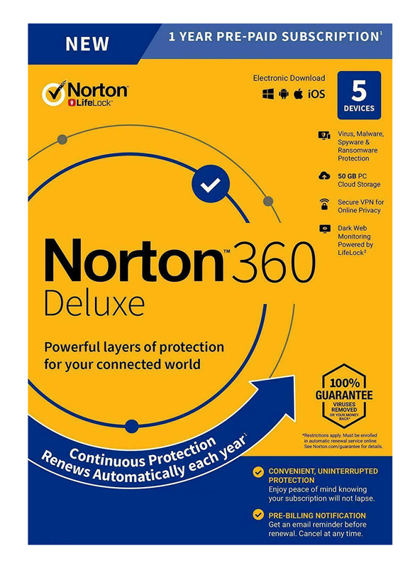 NORTON Antivirus 360 Deluxe ESD, 5 συσκευές, 50GB cloud, 1 έτος - NORTON 88835