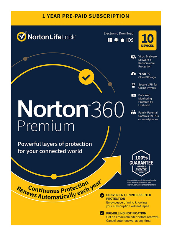 NORTON Antivirus 360 Premium ESD, 10 συσκευές, 75GB cloud, 1 έτος - NORTON 88836