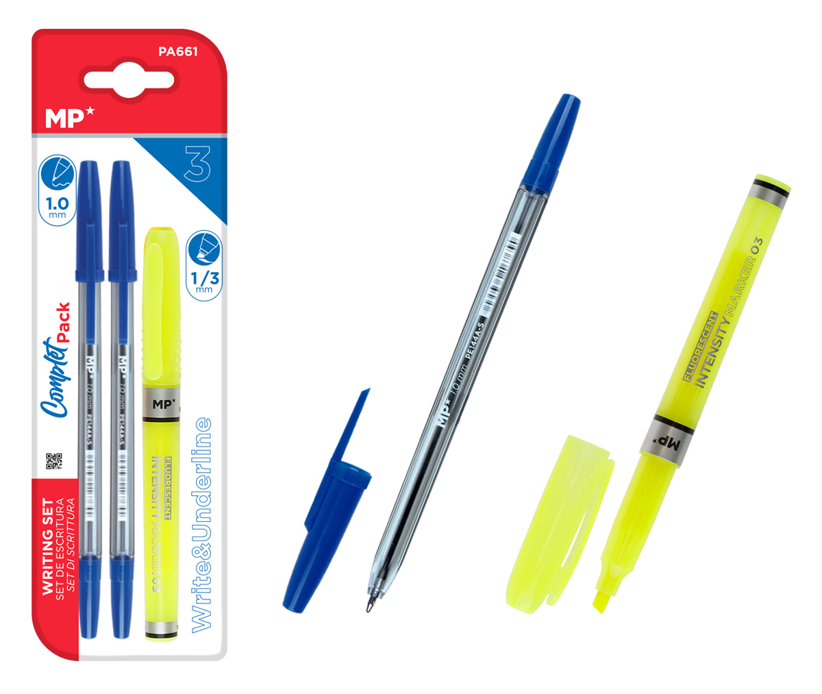 MP σετ στυλό & μαρκαδόρος υπογράμμισης PA661, μπλε & κίτρινο, 3τμχ - MP 116220