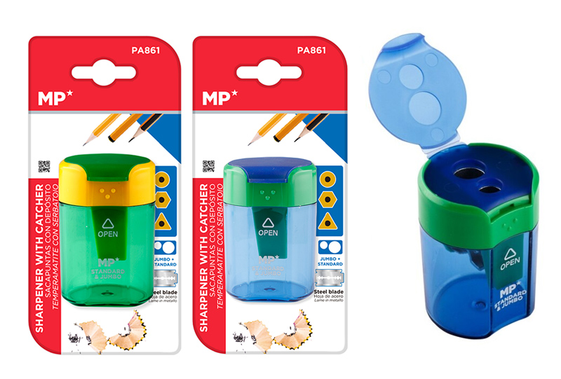 MP ξύστρα μολυβιών με κάδο PA834, 4x6cm, μπλε ή πράσινο, 1τμχ - MP 105580