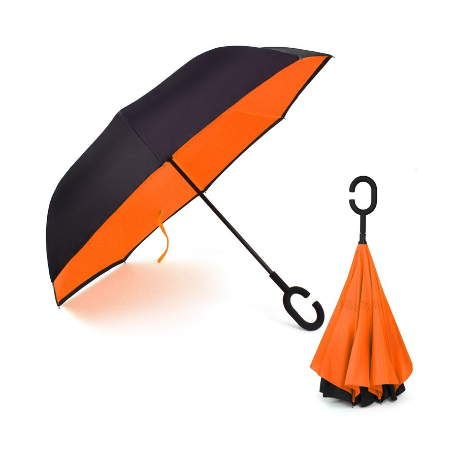 Ομπρέλα Kazbrella αντίστροφης δίπλωσης, λαβή σχήματος C, θήκη, πορτοκαλί - UNBRANDED 68106