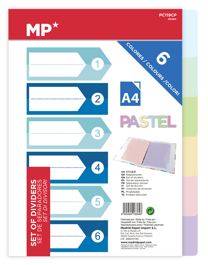 MP χρωματιστά διαχωριστικά φύλλα A4 PC119CP, πλαστικά, 6τμχ - MP 89675