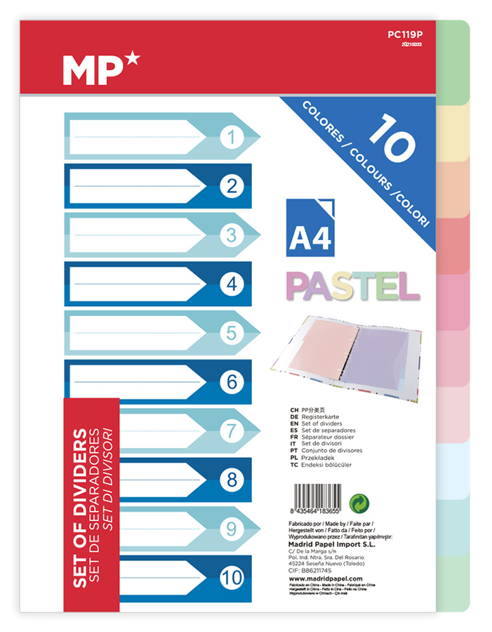 MP χρωματιστά διαχωριστικά φύλλα A4 PC119P, πλαστικά, 10τμχ - MP 89676