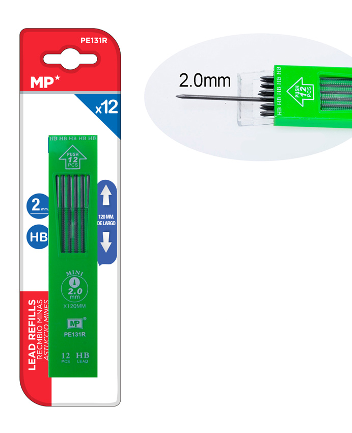 MP ανταλλακτικές μύτες για μηχανικό μολύβι PE131R, ΗΒ, 2mm, 12τμχ - MP 77918