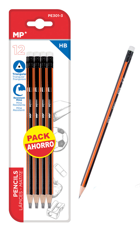 MP ξύλινο μολύβι με γόμα PE301-3, τρίγωνο, HB, 12τμχ - MP 77939