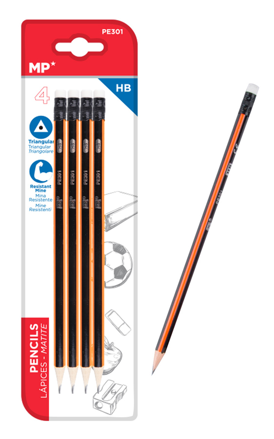 MP ξύλινο μολύβι με γόμα PE301, τρίγωνο, HB, 4τμχ - MP 77938