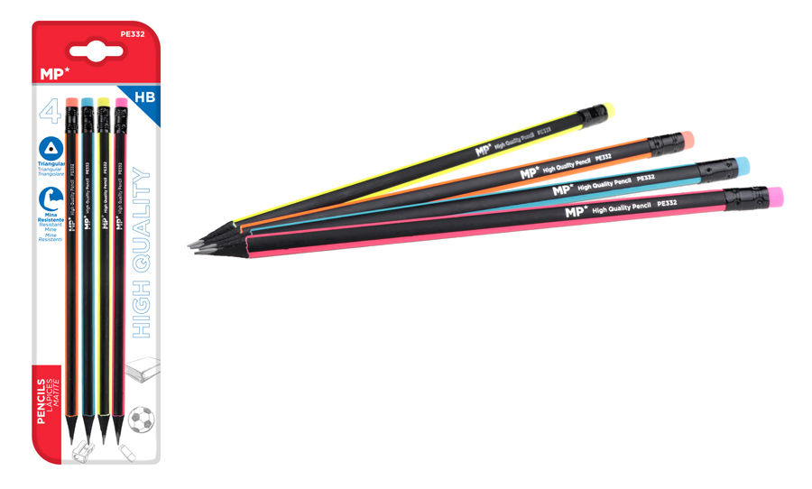 MP ξύλινο μολύβι με γόμα PE332, τρίγωνο, HB, 4τμχ - MP 78368