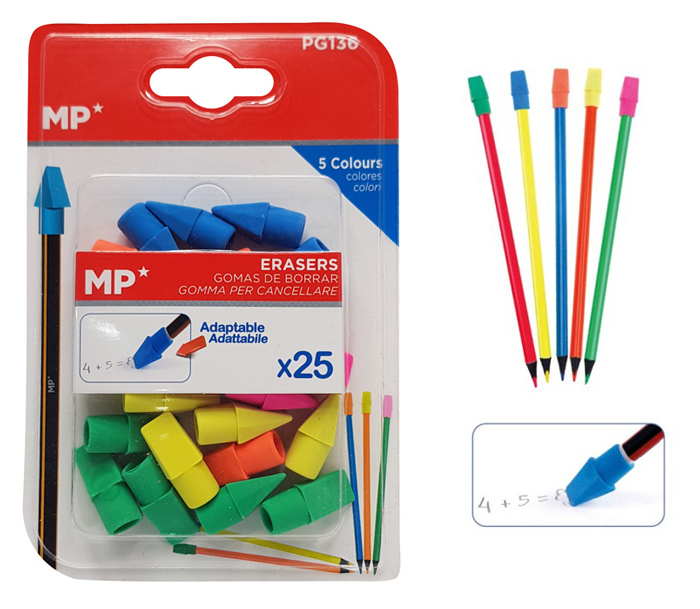 MP σετ γόμα καπάκι για μολύβι PG136, διάφορα χρώματα, 25τμχ - MP 95577
