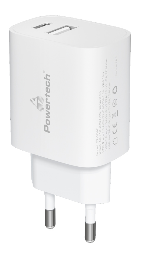 POWERTECH φορτιστής τοίχου PT-1040, USB & USB-C, PD QC3.0, 20W, λευκός - POWERTECH 104919