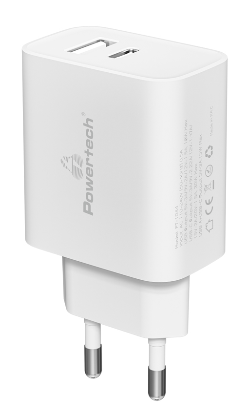 POWERTECH φορτιστής τοίχου PT-1044, USB & USB-C, PD QC3.0, 30W, λευκός - POWERTECH 104993