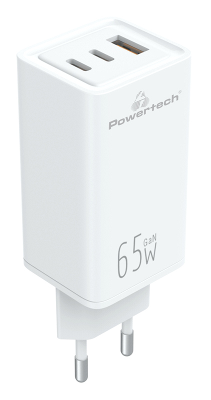 POWERTECH φορτιστής τοίχου PT-1094, USB & 2x USB-C, 65W, GaN, λευκός - POWERTECH 107834