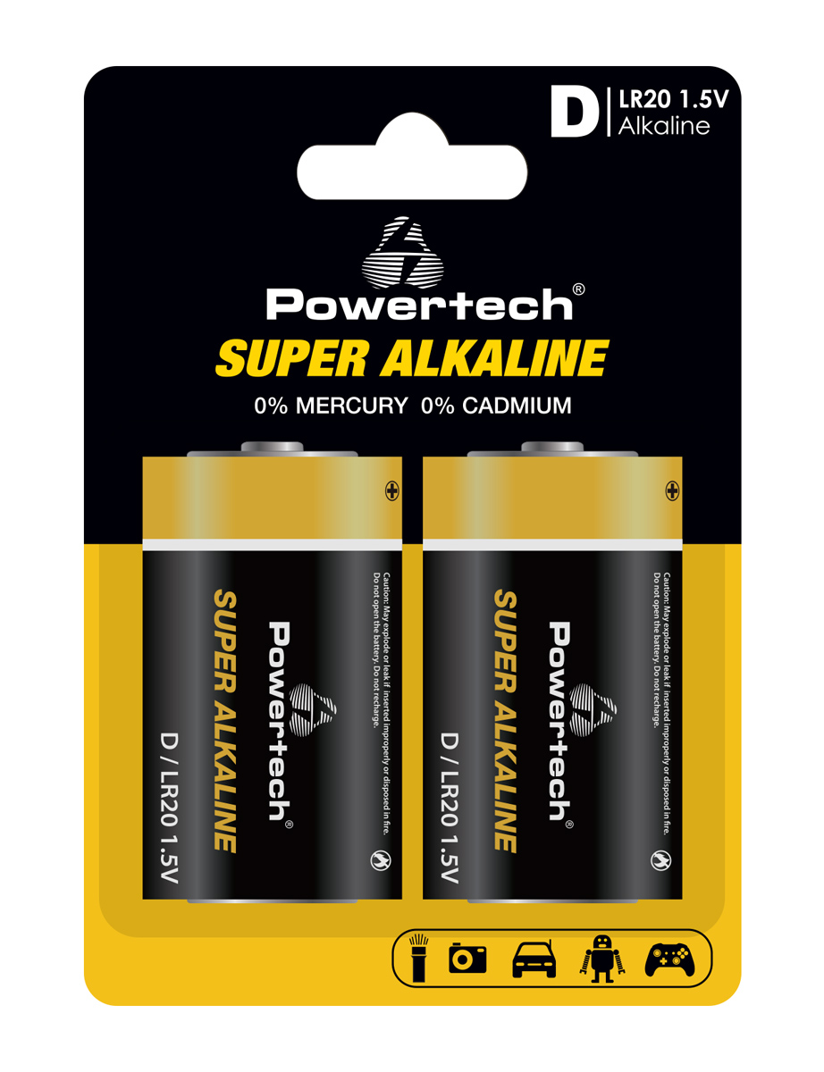 POWERTECH αλκαλικές μπαταρίες Super Alkaline PT-1217, LR20, 1.5V, 2τμχ - POWERTECH 112741
