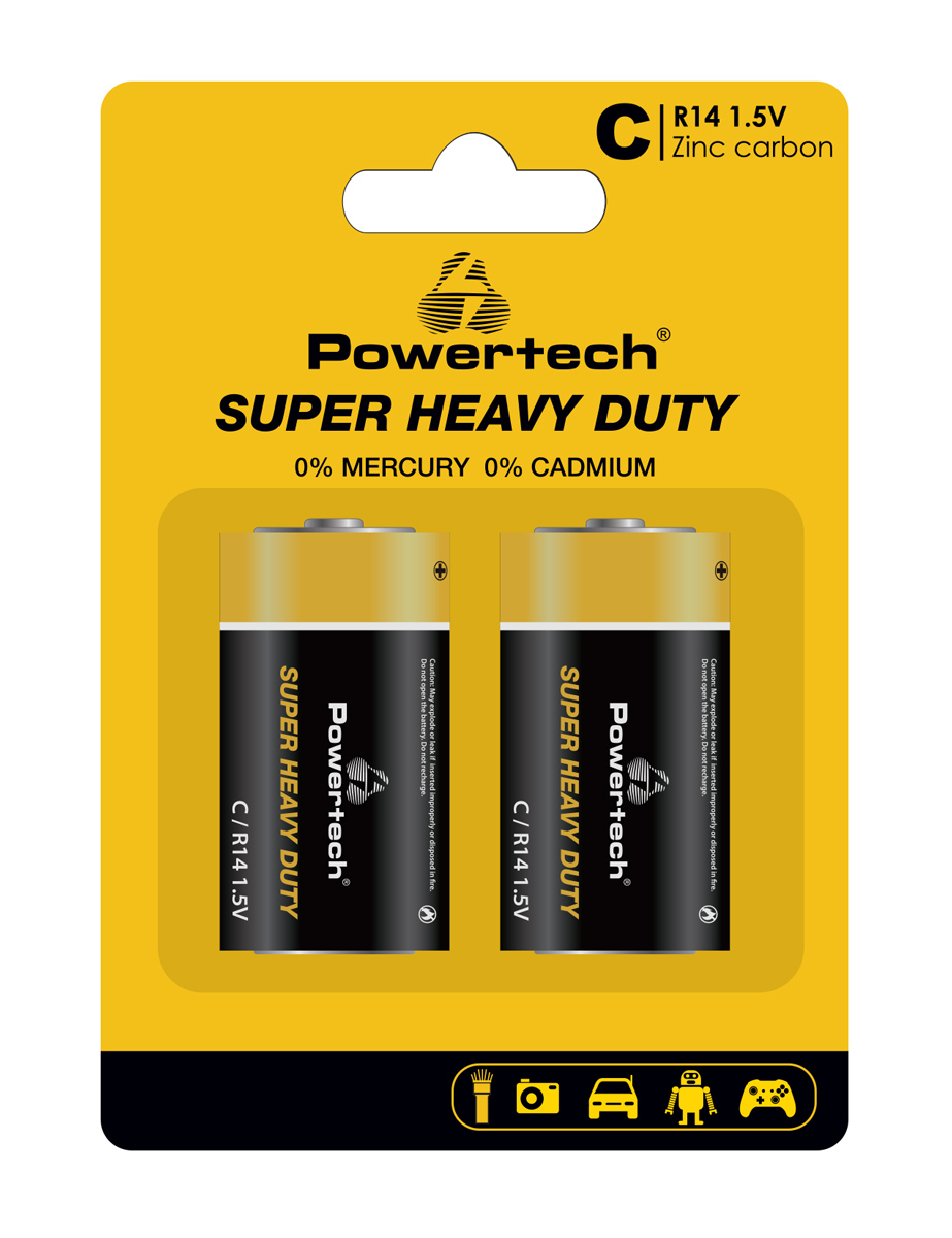 POWERTECH μπαταρίες Zinc Carbon Super Heavy Duty PT-1221, R14 1.5V, 2τμχ - POWERTECH 112745