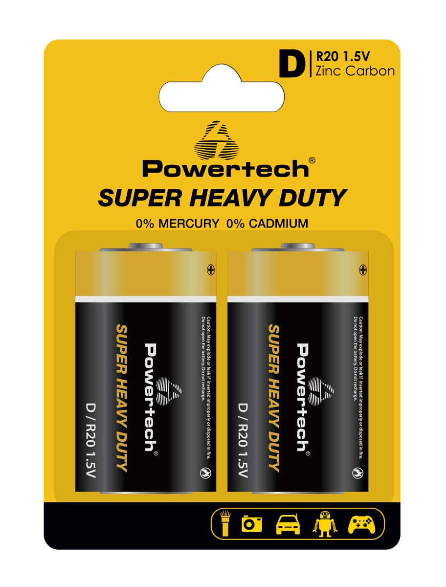 POWERTECH μπαταρίες Zinc Carbon Super Heavy Duty PT-1222, R20 1.5V, 2τμχ - POWERTECH 112746