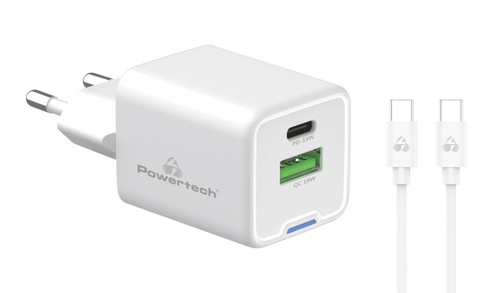 POWERTECH φορτιστής τοίχου PT-1224, καλώδιο, USB/USB-C, 33W, GaN, λευκός - POWERTECH 112761