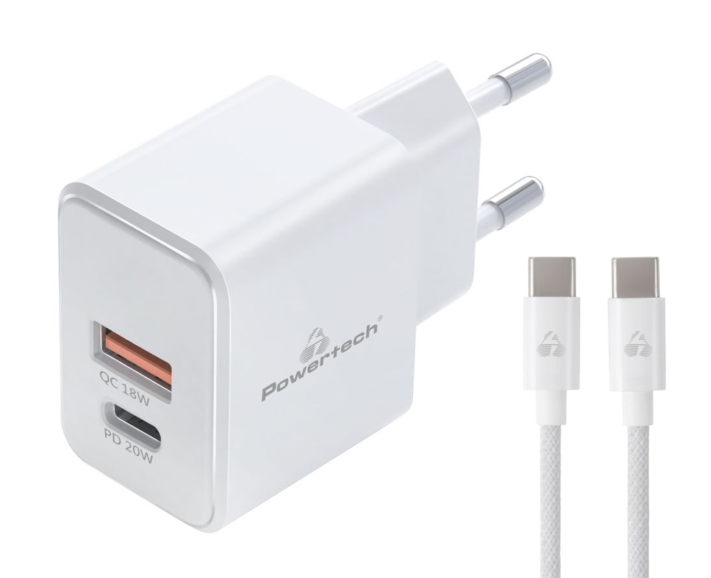 POWERTECH φορτιστής τοίχου PT-1248, καλώδιο, USB/USB-C, 20W, GaN, λευκός - POWERTECH 113185