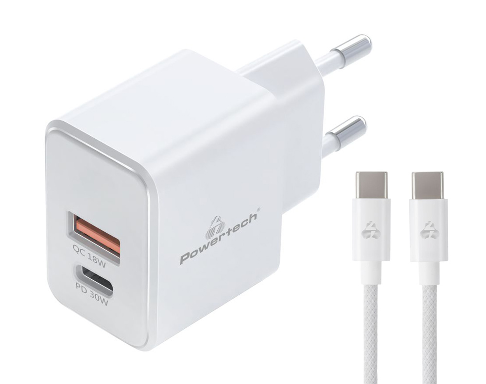 POWERTECH φορτιστής τοίχου PT-1249, καλώδιο, USB/USB-C, 30W, GaN, λευκός - POWERTECH 113186