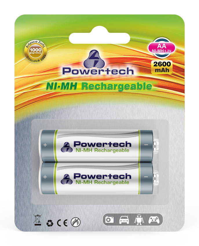 POWERTECH επαναφορτιζόμενη μπαταρία PT-351 2600mAh, AA R6, 2 τμχ - POWERTECH 53195