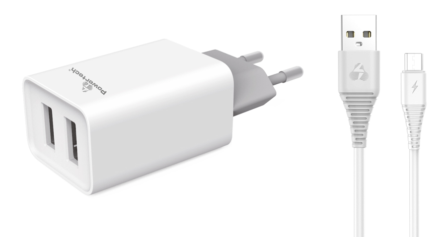 POWERTECH φορτιστής τοίχου PT-775, καλώδιο micro USB, 2x USB 2.1A, λευκό - POWERTECH 73964
