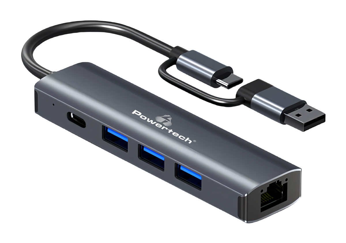 POWERTECH USB hub PTR-0150, 5 θυρών, USB & USB-C σύνδεση, γκρι - POWERTECH 108787