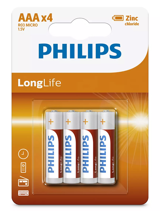 PHILIPS LongLife Zinc chloride μπαταρίες R03L4B/10 AAA R03 Micro, 4τμχ - PHILIPS 79864