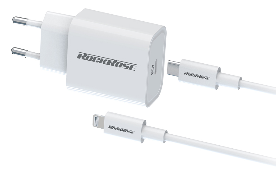 ROCKROSE φορτιστής τοίχου RRTCC04EU, καλώδιο Lightning, USB-C 20W, λευκό - ROCKROSE 48636