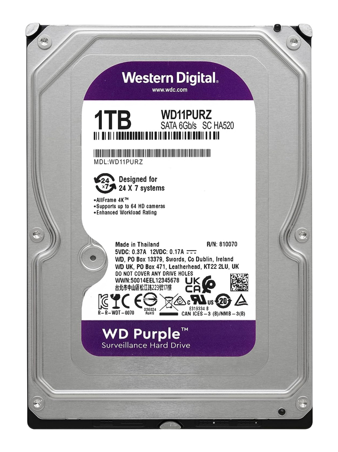 WD σκληρός δίσκος 3.5" Purple Surveillance 1TB, 256MB, 5400RPM, SATA III - WD 112074