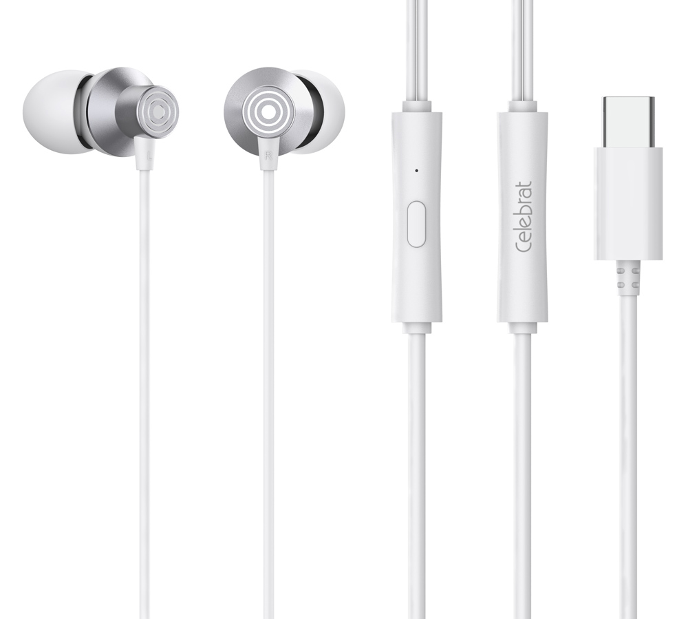 CELEBRAT earphones με μικρόφωνο D15, USB-C σύνδεση, Φ10mm, 1.2m, λευκά - CELEBRAT 109970